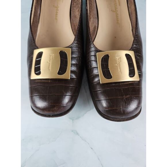 Vintage Salvatore Ferragamo Brown Snakeskin Leather Block Heel Pumps size 9 2A - Picture 3 of 10